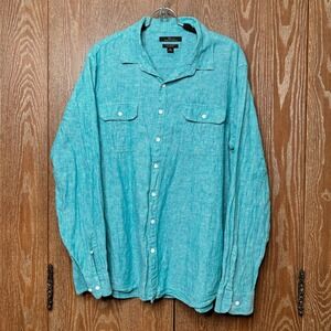 Marc Anthony Mens XL Slim Fit Linen Blend Camp Shirt Button Down Teal Casual